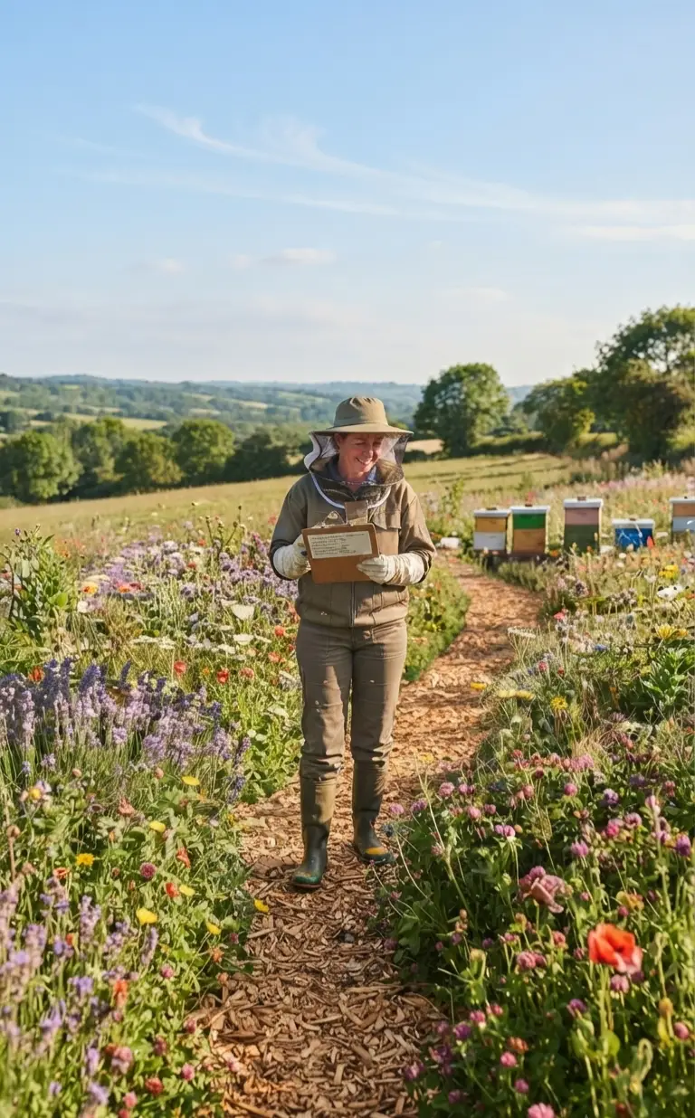Bee boxes situated in a lush, green natural farming landscape